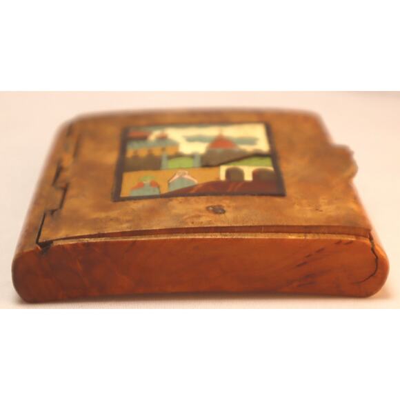 Russian Imperial Era Burl Cigarette Box Inlaid Babushka Scene Lid - Picture 7 of 10